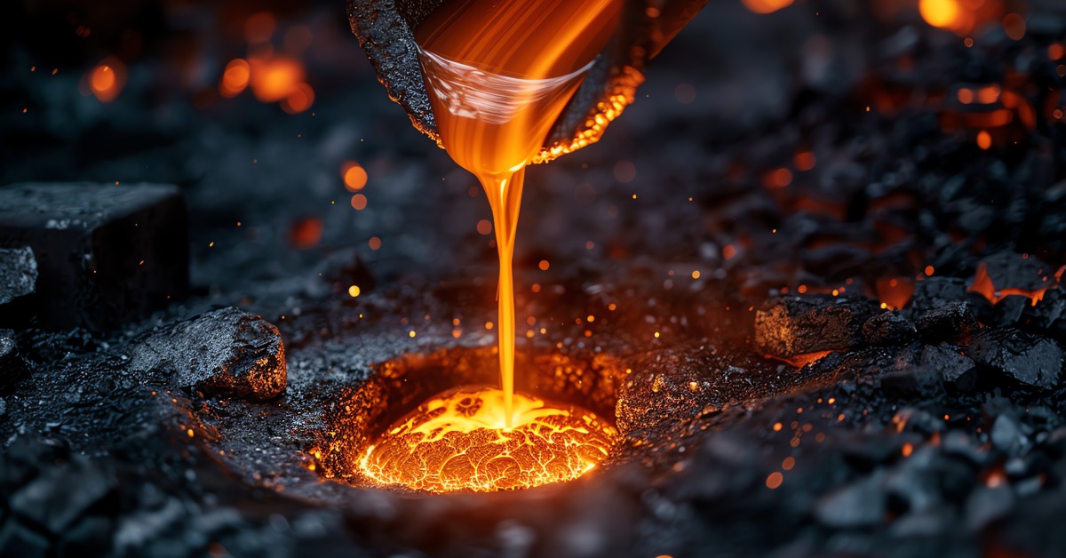 Molten ore being poured into a mold. It illuminates the dark, ashy terrain as it pours to craft a molded metal.