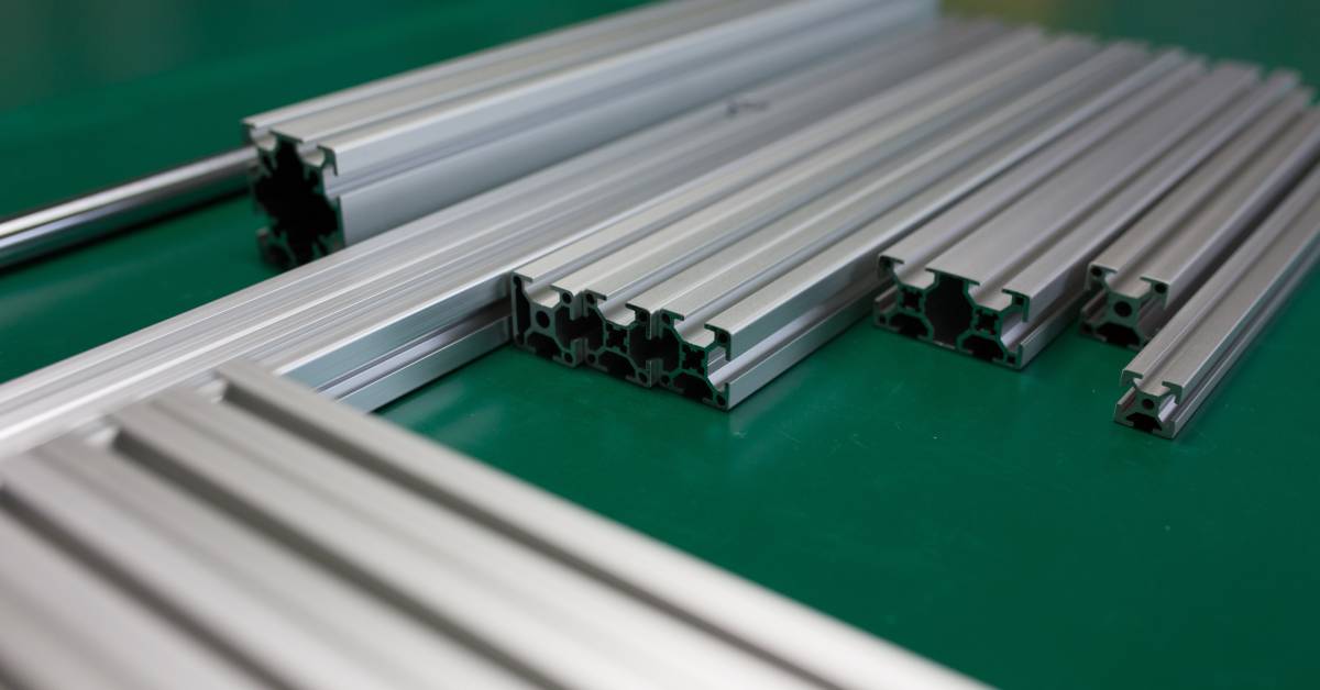 Customized aluminum bars with similar frames. They vary in size and length, laying flat on a green table.